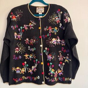 Vintage 1999 Heirloom Collectibles World Party 2000 Cardigan Sweater‎ Y2K Size L